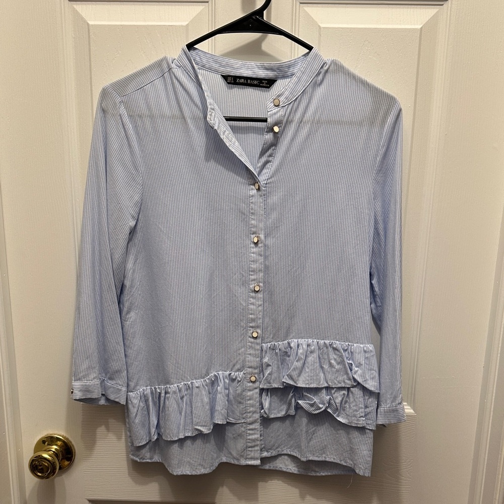 Zara Light Blue Striped Blouse with Ruffle Detail